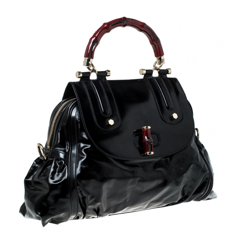Pre Owned Gucci Black Coated Nylon and Leather Dialux Pop Bamboo Top Handle Bag
