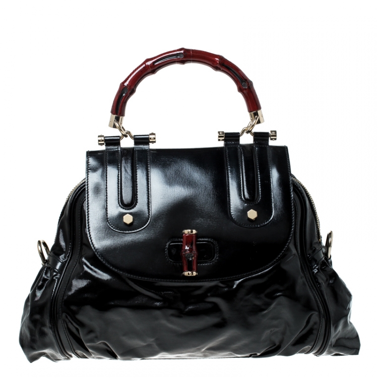 Pre Owned Gucci Black Coated Nylon and Leather Dialux Pop Bamboo Top Handle Bag