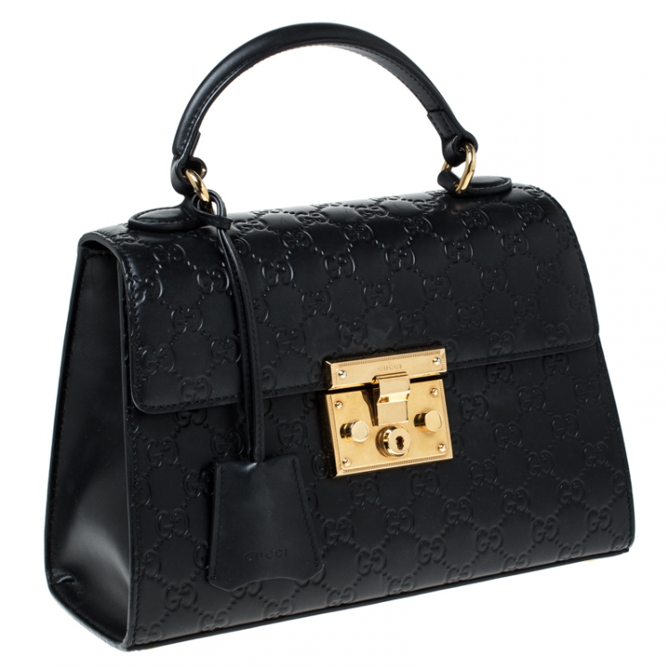 Pre Owned Gucci Black Guccissima Leather Small Padlock Top Handle Bag