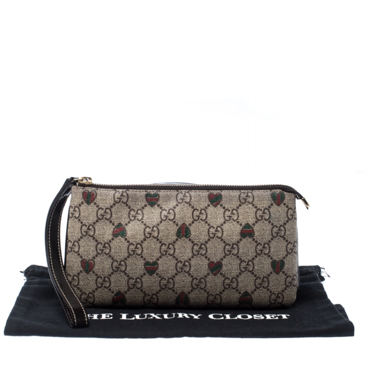 Pre Owned Gucci Beige/Brown GG Supreme Canvas Love Wristlet Clutch