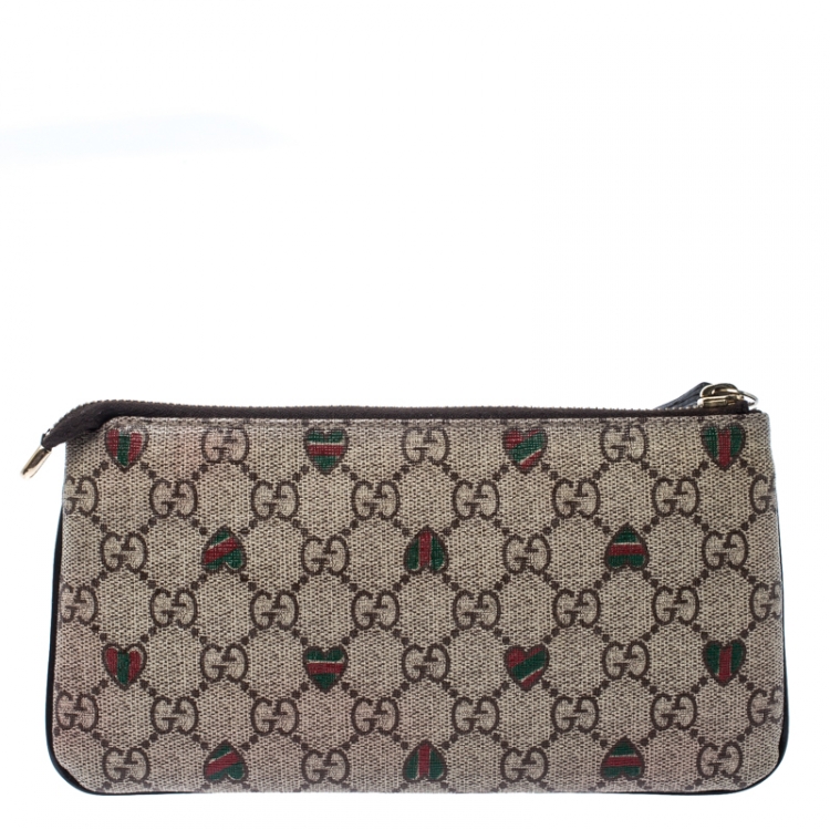 Pre Owned Gucci Beige/Brown GG Supreme Canvas Love Wristlet Clutch
