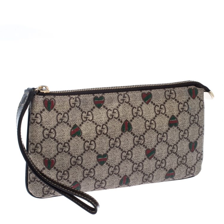 Pre Owned Gucci Beige/Brown GG Supreme Canvas Love Wristlet Clutch