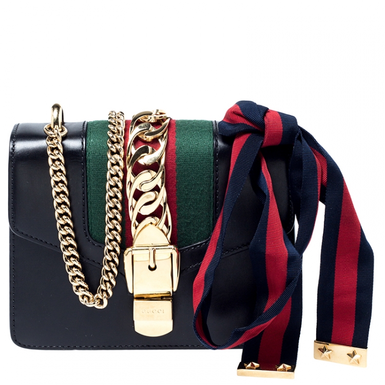 Gucci Black Leather Mini Web Chain Sylvie Shoulder Bag |