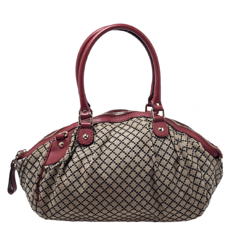 Pre Owned Gucci Beige/Red GG Canvas and Leather Medium Sukey Boston Bag