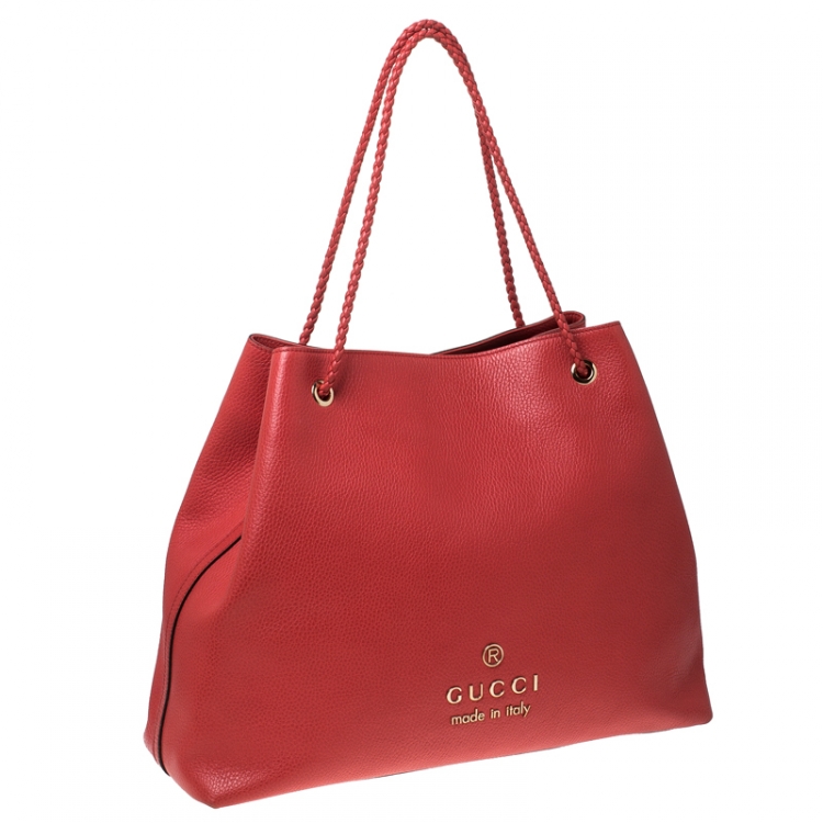 Pre Owned Gucci Red Braided Handle Leather Large Gifford Tote