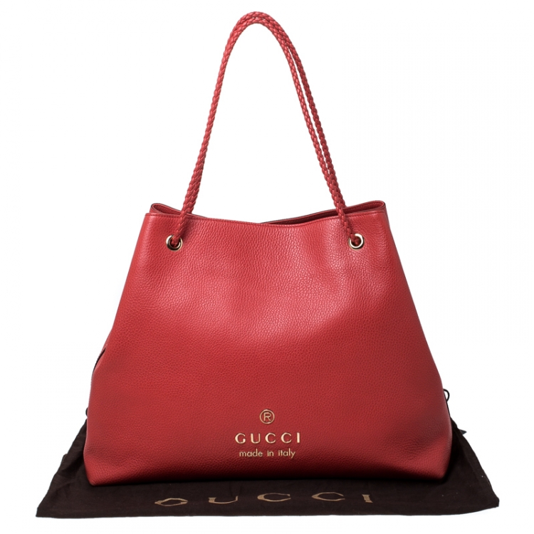 Pre Owned Gucci Red Braided Handle Leather Large Gifford Tote