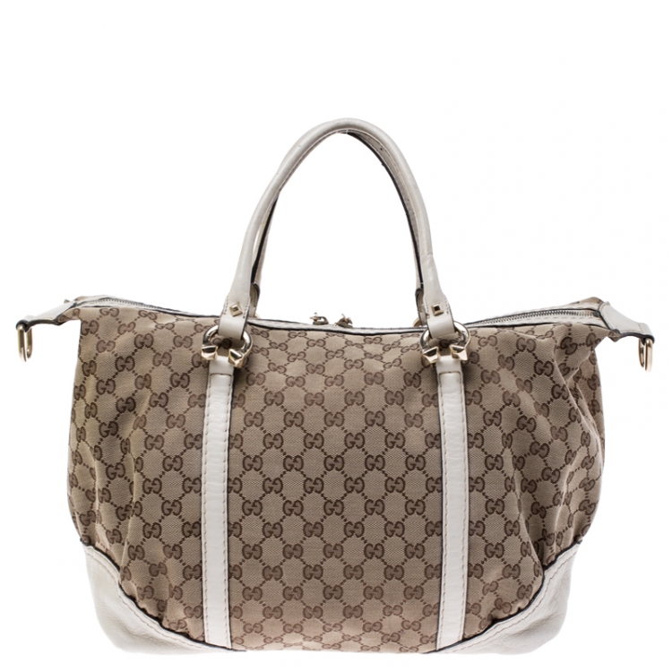 Pre Owned Gucci Beige/Cream GG Canvas and Leather Medium Horsebit Nail Boston Bag