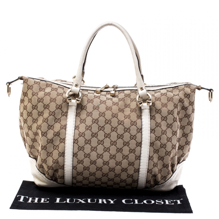 Pre Owned Gucci Beige/Cream GG Canvas and Leather Medium Horsebit Nail Boston Bag