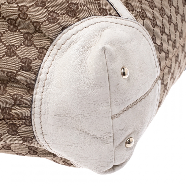 Pre Owned Gucci Beige/Cream GG Canvas and Leather Medium Horsebit Nail Boston Bag