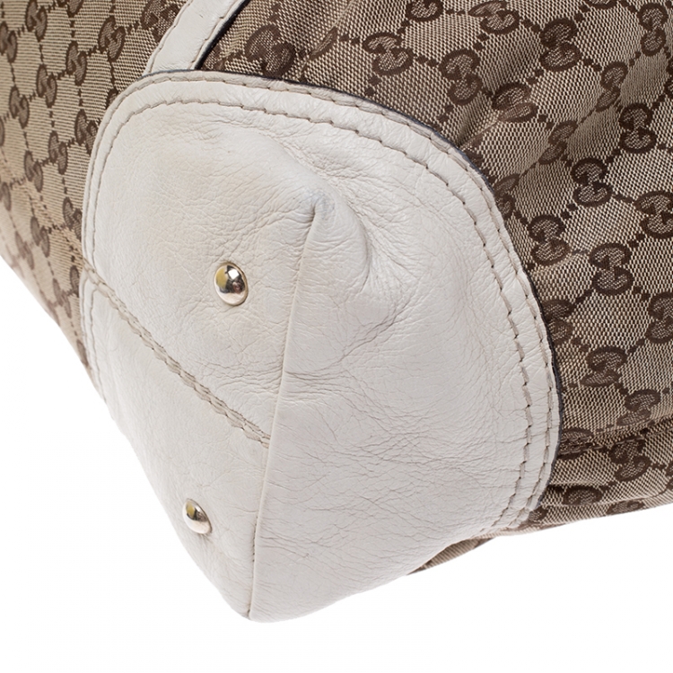 Pre Owned Gucci Beige/Cream GG Canvas and Leather Medium Horsebit Nail Boston Bag