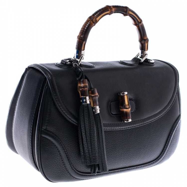 Pre Owned Gucci Black Leather Large New Bamboo Tassel Top Handle Bag