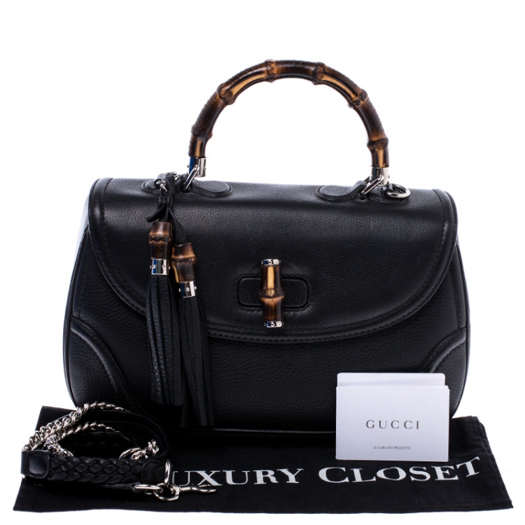 Pre Owned Gucci Black Leather Large New Bamboo Tassel Top Handle Bag