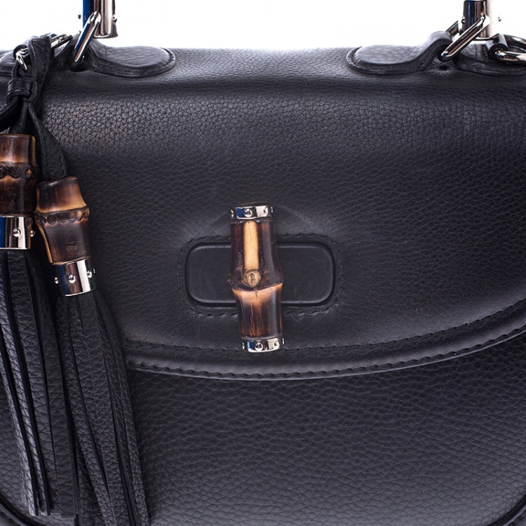 Pre Owned Gucci Black Leather Large New Bamboo Tassel Top Handle Bag