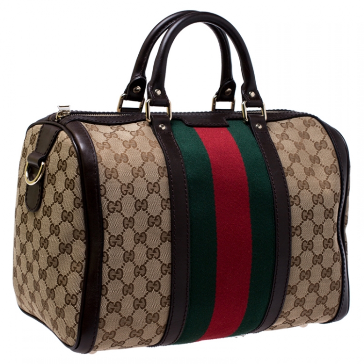 Pre Owned Gucci Brown/Beige GG Canvas Medium Vintage Web Boston Bag