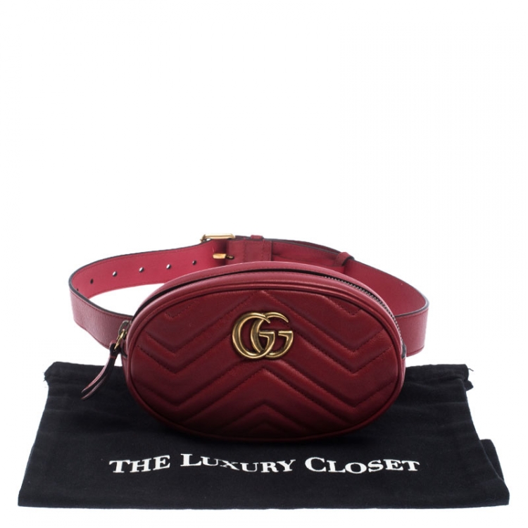 Pre Owned Gucci Red Matelassé Leather GG Marmont Belt Bag