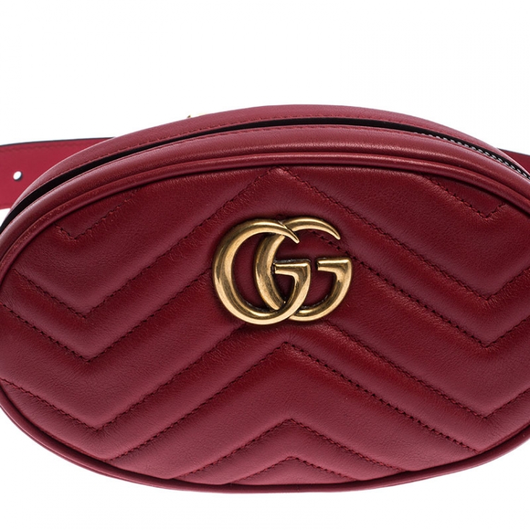 Pre Owned Gucci Red Matelassé Leather GG Marmont Belt Bag