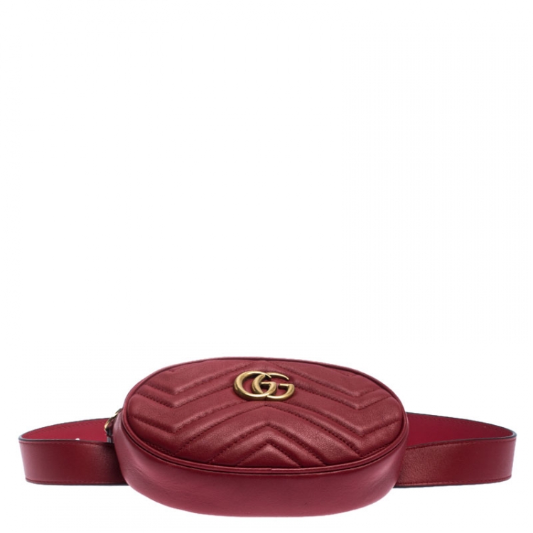 Pre Owned Gucci Red Matelassé Leather GG Marmont Belt Bag