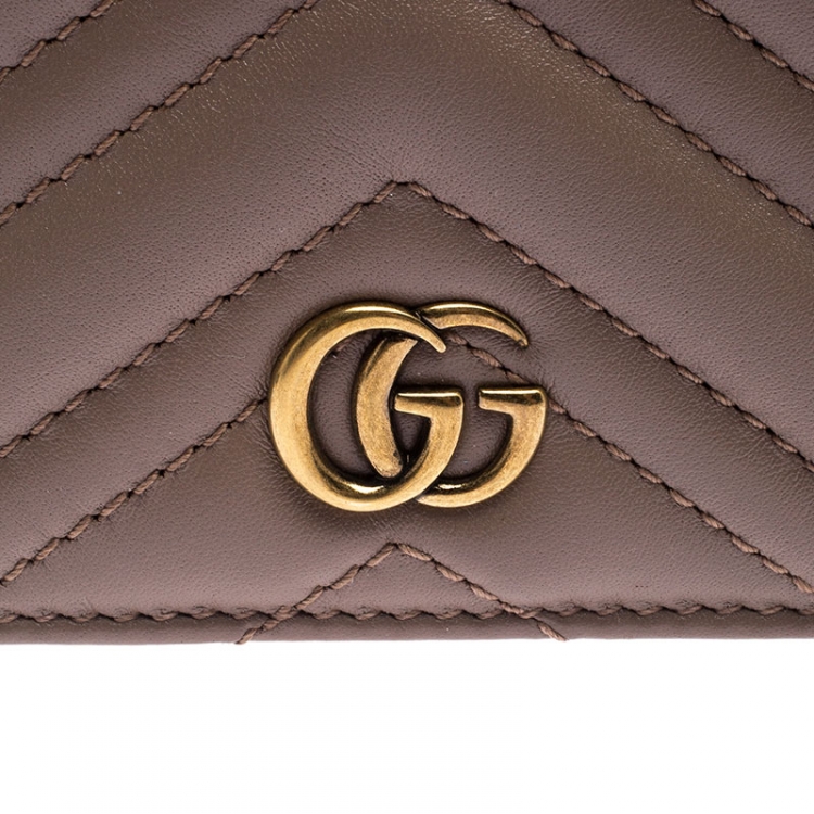 Pre Owned Gucci Dark Beige Matelasse Leather GG Marmont Card Case