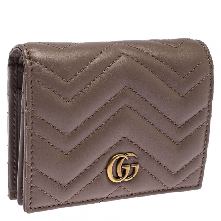 Pre Owned Gucci Dark Beige Matelasse Leather GG Marmont Card Case