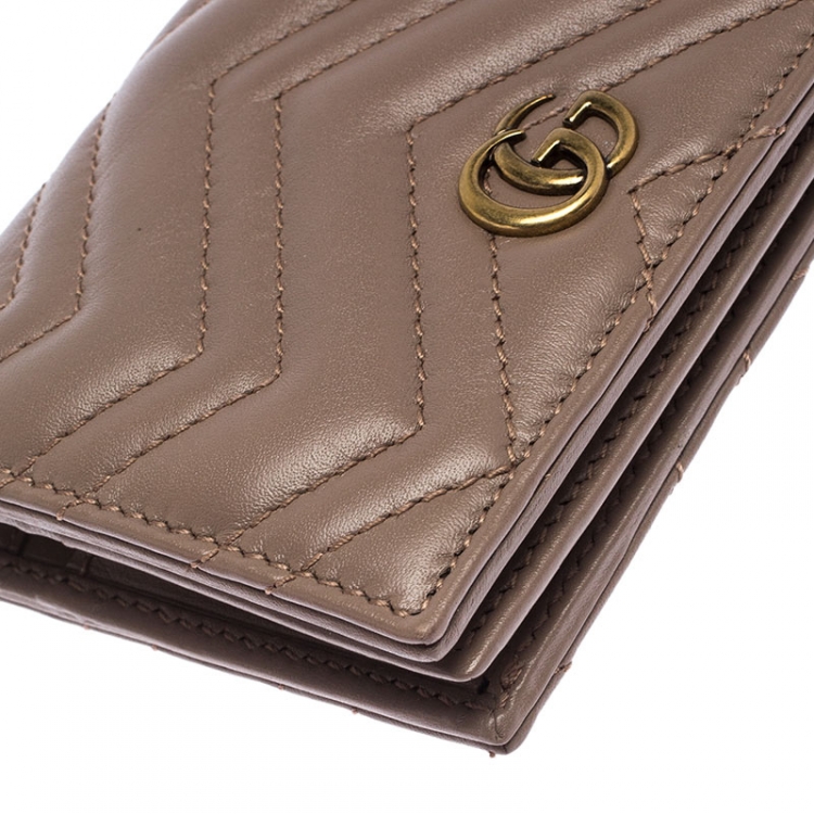 Pre Owned Gucci Dark Beige Matelasse Leather GG Marmont Card Case