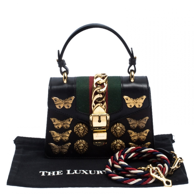 Pre Owned Gucci Black Leather Mini Sylvie Animal Stud Embellished Top Handle Bag