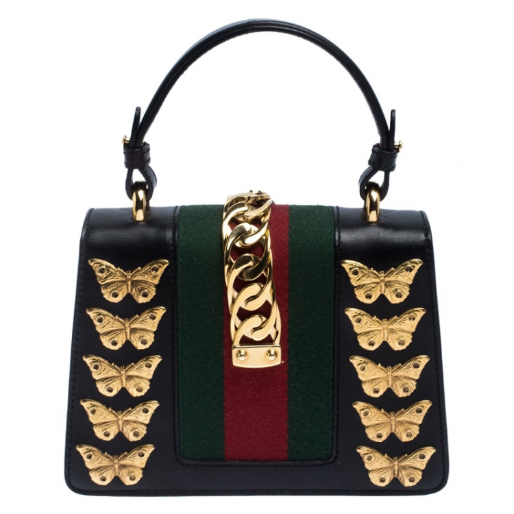 Pre Owned Gucci Black Leather Mini Sylvie Animal Stud Embellished Top Handle Bag