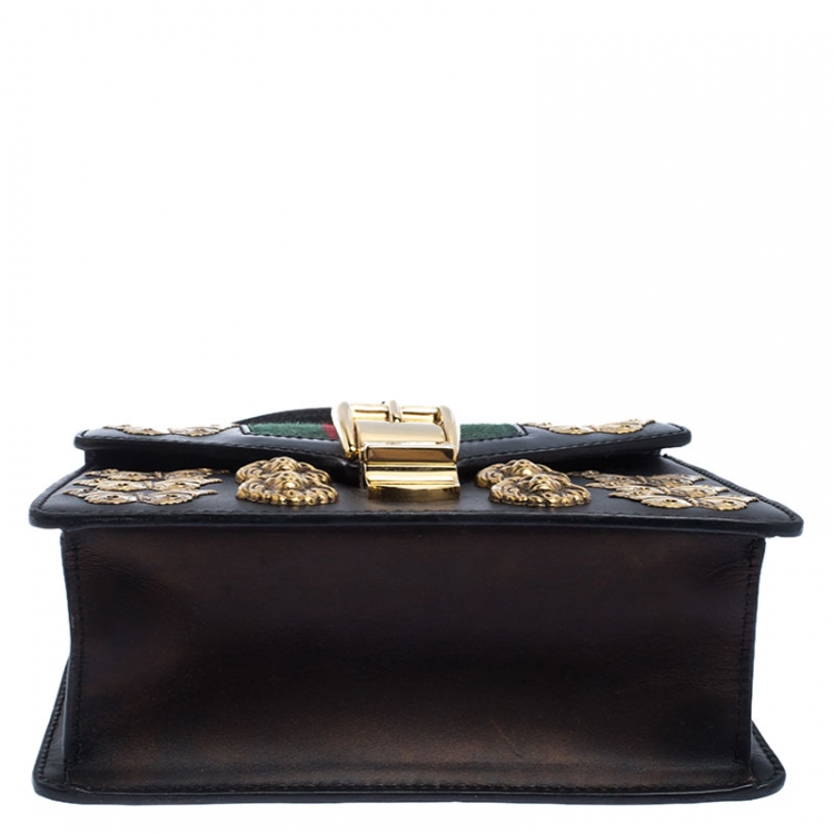 Pre Owned Gucci Black Leather Mini Sylvie Animal Stud Embellished Top Handle Bag