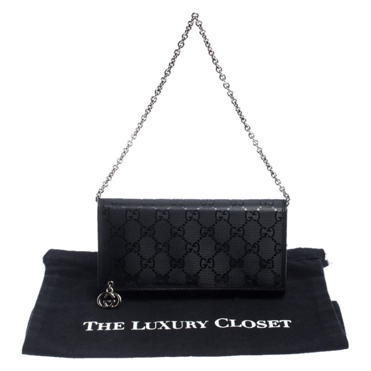 Pre Owned Gucci Black GG Imprime Coated Canvas Wallet on Chain