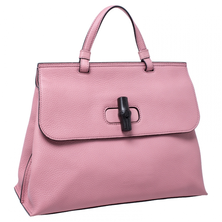 Pre Owned Gucci Pink Leather Medium Bamboo Daily Top Handle Bag