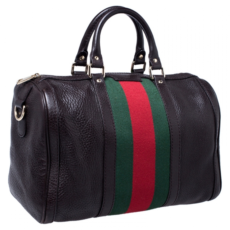 Pre Owned Gucci Dark Brown Leather Medium Vintage Web Boston Bag