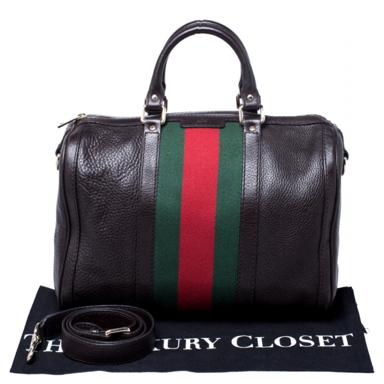 Pre Owned Gucci Dark Brown Leather Medium Vintage Web Boston Bag