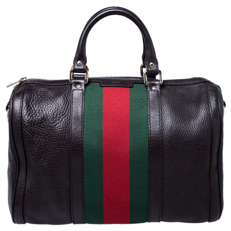 Pre Owned Gucci Dark Brown Leather Medium Vintage Web Boston Bag