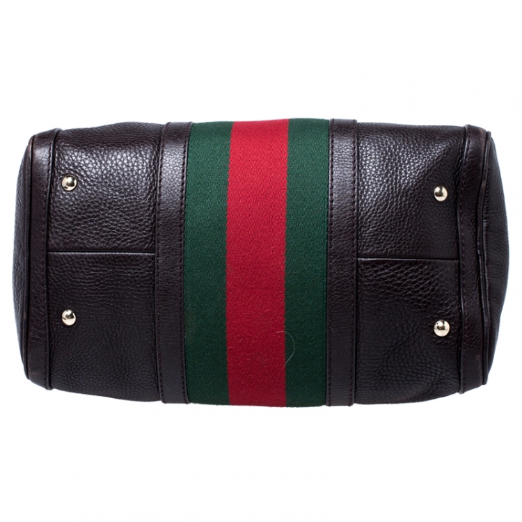 Pre Owned Gucci Dark Brown Leather Medium Vintage Web Boston Bag