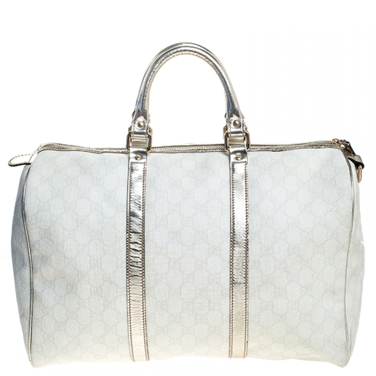Pre Owned Gucci White/Silver GG Supreme Canvas and Leather Joy Boston Bag