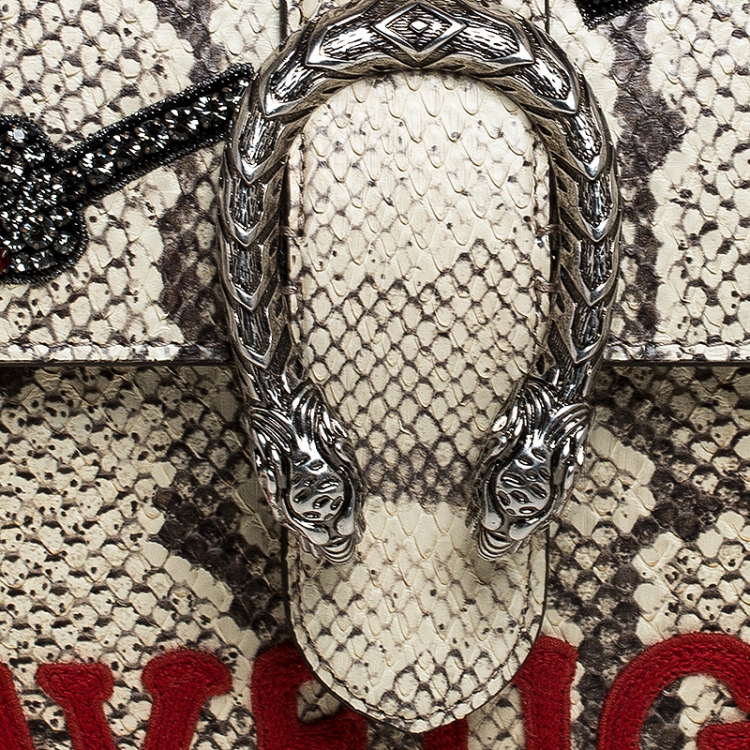 Pre Owned Gucci Cream Embroidered Python Medium Dionysus Bamboo Top Handle Bag 