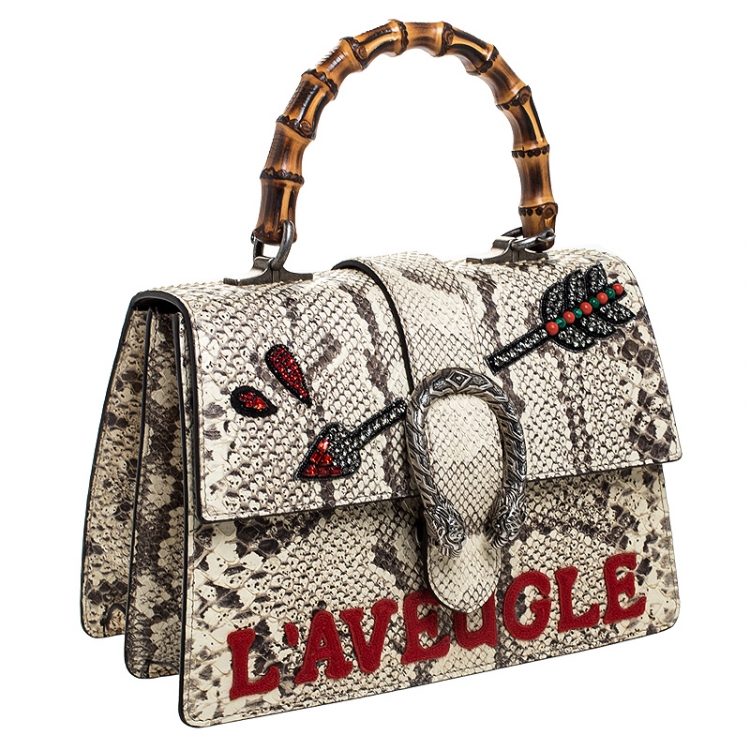 Pre Owned Gucci Cream Embroidered Python Medium Dionysus Bamboo Top Handle Bag 