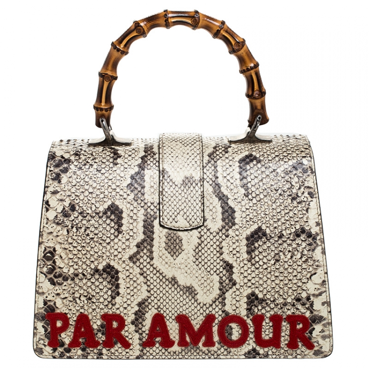Pre Owned Gucci Cream Embroidered Python Medium Dionysus Bamboo Top Handle Bag 