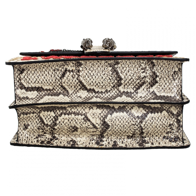 Pre Owned Gucci Cream Embroidered Python Medium Dionysus Bamboo Top Handle Bag 