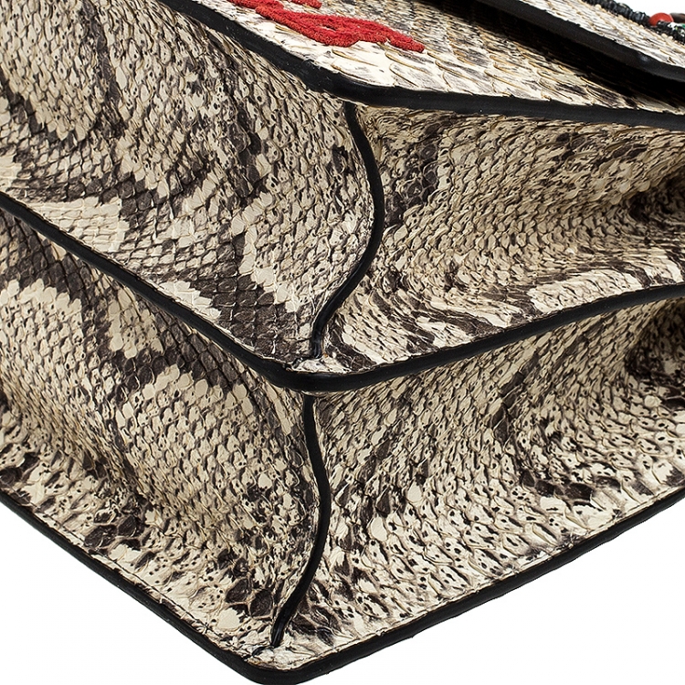 Pre Owned Gucci Cream Embroidered Python Medium Dionysus Bamboo Top Handle Bag 