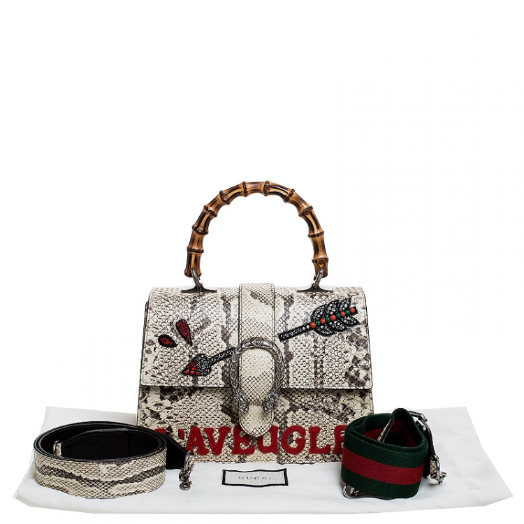 Pre Owned Gucci Cream Embroidered Python Medium Dionysus Bamboo Top Handle Bag 