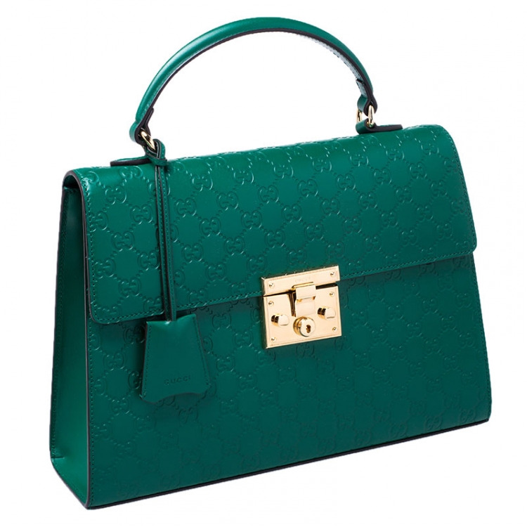 Pre Owned Gucci Green Guccissima Leather Medium Padlock Top Handle Bag