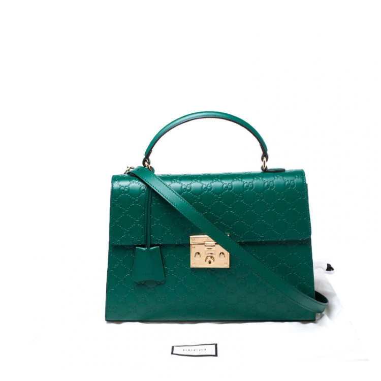 Pre Owned Gucci Green Guccissima Leather Medium Padlock Top Handle Bag