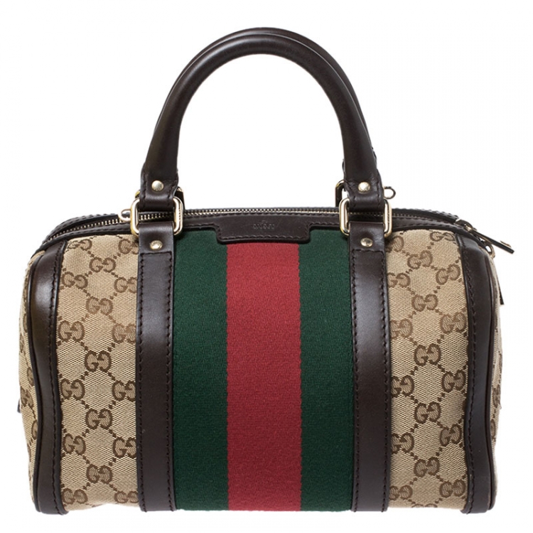 Gucci Boston Handbag in Beige Monogram Canvas and Dark Brown Patent