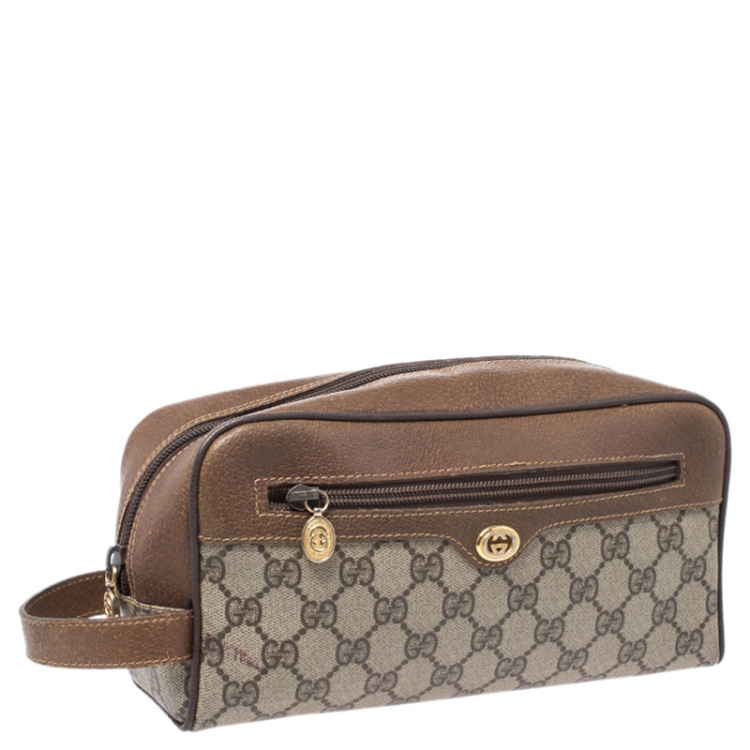 Pre Owned Gucci Brown GG Supreme Coated Canvas and Leather Vintage Cosmetic Pouch
