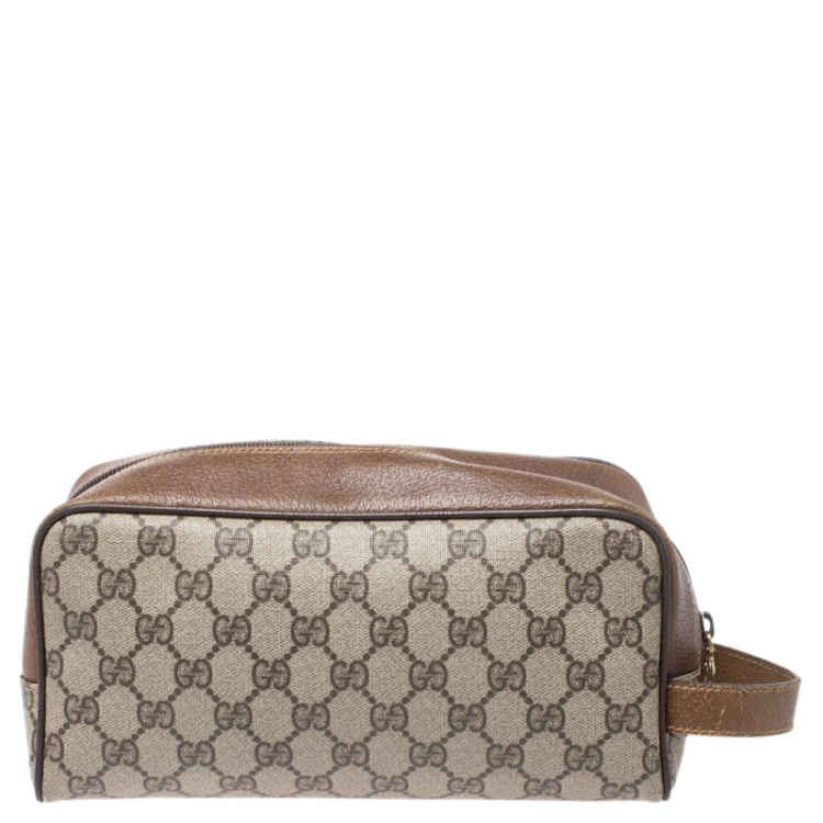 Pre Owned Gucci Brown GG Supreme Coated Canvas and Leather Vintage Cosmetic Pouch