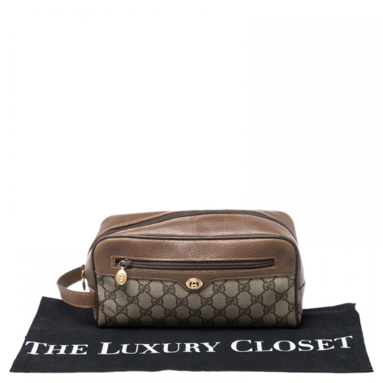 Pre Owned Gucci Brown GG Supreme Coated Canvas and Leather Vintage Cosmetic Pouch