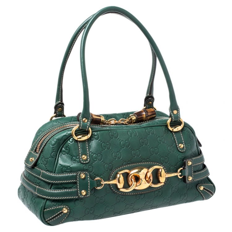 Pre Owned Gucci Green Guccissima Leather Wave Boston Bag