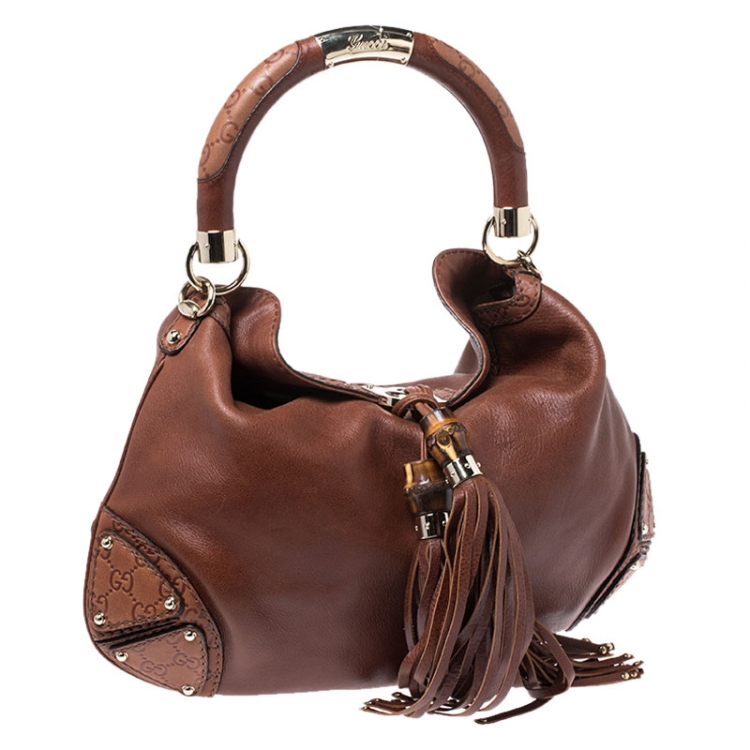 Pre Owned Gucci Brown Leather Medium Babouska Indy Top Handle Bag
