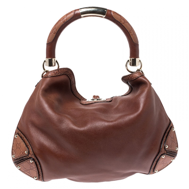 Pre Owned Gucci Brown Leather Medium Babouska Indy Top Handle Bag
