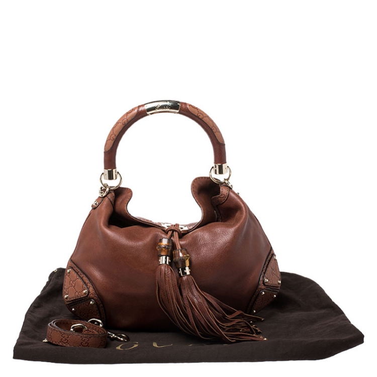 Pre Owned Gucci Brown Leather Medium Babouska Indy Top Handle Bag